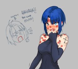 Rule 34 | &gt; &lt;, 2girls, arcueid brunestud, axia-chan, bare shoulders, black gloves, blue eyes, blue hair, blush, breasts, ciel (tsukihime), clenched teeth, commentary, cross, cross tattoo, elbow gloves, english commentary, english text, gloves, grey background, hand to own mouth, highres, lipstick, lipstick mark, lipstick mark on arm, lipstick mark on neck, lipstick mark on shoulder, makeup, medium breasts, multiple girls, open mouth, partially fingerless gloves, pointing, tattoo, teeth, trembling, tsukihime, yuri