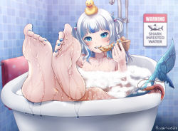 Rule 34 | 1girl, barefoot, bath, bathing, bathroom, bathtub, blue eyes, blue hair, blue nails, blush, breasts, commentary, eating, english commentary, feet, fins, fish tail, food, foot focus, gawr gura, hana keijou, hololive, hololive english, indoors, long hair, looking at viewer, multicolored hair, nail polish, open mouth, pizza, pizza slice, shark, shark tail, sharp teeth, shrimp, silver hair, smile, soles, solo, streaked hair, tail, teeth, toenail polish, toenails, toes, virtual youtuber, water