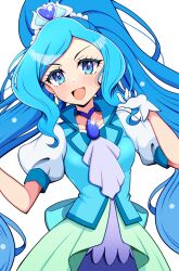 Rule 34 | 1girl, ascot, back bow, blue ascot, blue bow, blue choker, blue eyes, blue hair, blue jacket, bow, breasts, brooch, choker, commentary, cure fontaine, earrings, gloves, green skirt, hair ornament, healin&#039; good precure, healing wand, heart, heart hair ornament, highres, jacket, jewelry, kaatsu katsurou, long hair, looking at viewer, magical girl, multicolored clothes, multicolored jacket, necklace, open mouth, precure, puffy short sleeves, puffy sleeves, sawaizumi chiyu, short sleeves, simple background, skirt, small breasts, smile, solo, split ponytail, swept bangs, two-tone jacket, very long hair, white background, white gloves, wide ponytail