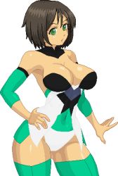 Rule 34 | 1girl, ahoge, aliasing, bare shoulders, black gloves, black hair, breasts, brown hair, challengia, cleavage, contrapposto, cosplay, covered navel, cowboy shot, female focus, gloves, green eyes, hand on own hip, honchan, impossible clothes, large breasts, looking at viewer, lowres, maria cadenzavna eve, maria cadenzavna eve (cosplay), nchans, no bra, pixel art, see-through, senki zesshou symphogear, short hair, simple background, solo, standing, strapless, thighhighs, warner, white background