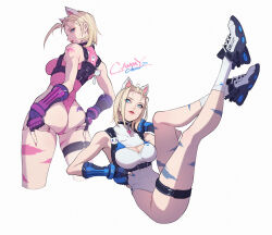 Rule 34 | 1girl, ahoge, alternate costume, animal ears, artist name, ass, black gloves, blonde hair, blue eyes, blue nails, breasts, cammy white, cat ears, character name, citemer, cleavage, commentary, facial mark, fingerless gloves, fingernails, from behind, full body, gloves, highres, large breasts, legs, light blush, medium breasts, multiple views, nail polish, pink nails, short hair, simple background, street fighter, thighs, whisker markings, white background
