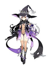 Rule 34 | capelet, center opening, expressionless, fingerless gloves, full body, gloves, hand on own hip, hat, highres, hilda (stella glow), ideolo, long hair, navel, official art, simple background, solo, stella glow, thighhighs, white background, white hair, witch hat, yellow eyes