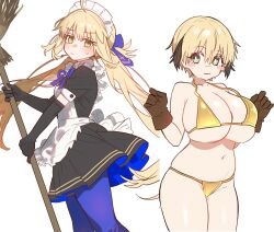 Rule 34 | 2girls, ahoge, artoria caster (fate), artoria pendragon (fate), bare shoulders, bikini, blonde hair, blush, blush stickers, breasts, broom, chibi, cleavage, collarbone, dress, ebora, fate/grand order, fate (series), gareth (fate), gloves, green eyes, hair flaps, highres, large breasts, long hair, looking at viewer, maid, multiple girls, navel, pantyhose, short hair, small breasts, swimsuit, thighs, twintails