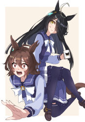 Rule 34 | 2girls, agnes tachyon (umamusume), ahoge, all fours, anger vein, animal ears, black hair, blush, border, bow, bowtie, brown background, brown footwear, brown hair, coffee cup, cup, disposable cup, ear piercing, hair over one eye, harukazetabiji, highres, holding, holding cup, horse ears, horse girl, horse tail, horseshoe ornament, loafers, long hair, long sleeves, manhattan cafe (umamusume), messy hair, multiple girls, open mouth, piercing, pleated skirt, purple shirt, purple skirt, purple thighhighs, red eyes, sailor collar, sailor shirt, school uniform, shirt, shoes, short hair, simple background, sitting, sitting on person, skirt, tail, thighhighs, tracen school uniform, umamusume, white border, white bow, white bowtie, white hair, yellow eyes