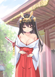 Rule 34 | 1girl, absurdres, arrow (projectile), bare shoulders, black hair, blush, breasts, closed eyes, closed mouth, collarbone, commentary request, hair ornament, highres, huge breasts, japanese clothes, jewelry, long hair, miko, original, outdoors, smile, solo, tenjou ryuka, translation request, variant set