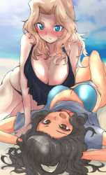 Rule 34 | 2girls, arm support, arms behind head, beach, bikini, black bikini, black hair, blonde hair, blue bikini, blue eyes, blue sky, blurry, blurry background, blush, breasts, brown eyes, cleavage, closed mouth, commentary, day, depth of field, el (girls und panzer), english commentary, frown, girls und panzer, hair intakes, kay (girls und panzer), kneeling, kyougi sharyou, large breasts, leaning forward, long hair, looking at another, lying, multiple girls, on back, open mouth, outdoors, sky, smile, swimsuit