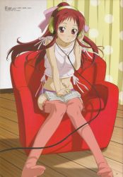 Rule 34 | 00s, 1girl, blush, book, brown eyes, brown hair, chair, couch, curtains, hair ribbon, hand on own ear, headphones, highres, long hair, midriff, morioka hideyuki, music, navel, notebook, onda aka, panties, pen, polka dot, rec (manga), red thighhighs, red upholstery, ribbon, sitting, solo, striped clothes, striped panties, thighhighs, underwear, voice actor, wooden floor