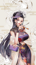 Rule 34 | 1girl, bag, black hair, blue eyes, breasts, china dress, chinese clothes, dress, dywx poison, earrings, unworn eyewear, floral print, handbag, hat, holding, holding bag, holding removed eyewear, jewelry, large breasts, lipstick, long hair, looking at viewer, makeup, nico robin, one piece, purple dress, shawl, side slit, sleeveless, smile, solo