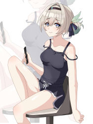Rule 34 | 1girl, bare arms, bare shoulders, black hairband, black shorts, camisole, collarbone, firefly (honkai: star rail), foot out of frame, grey eyes, grey hair, hair intakes, hairband, highres, holding, honkai: star rail, honkai (series), knee up, looking at viewer, maxwelzy, short hair, short shorts, shorts, simple background, sitting, smile, spaghetti strap, thighs, white background, zoom layer