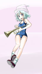 Rule 34 | 1girl, blush, highres, instrument, merlin prismriver, one-piece swimsuit, school swimsuit, solo, swimsuit, touhou, trumpet, wakie