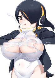Rule 34 | 1girl, areola slip, black hair, breasts, breasts squeezed together, brown eyes, cum, cum on body, cum on breasts, cum on clothes, cum on hair, cum on upper body, emperor penguin (kemono friends), facial, hair over one eye, headphones, highleg, highres, hood, hoodie, huge breasts, jacket, kemono friends, leotard, long hair, masuyama ryou, multicolored hair, open mouth, solo, streaked hair, torn clothes, torn leotard, white leotard