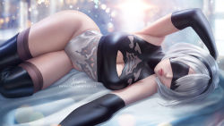 Rule 34 | 1girl, artist name, black blindfold, black gloves, black hairband, black thighhighs, blindfold, blue eyes, breasts, cleavage cutout, clothing cutout, commentary, curvy, elbow gloves, english commentary, gloves, hairband, large breasts, lying, nier:automata, nier (series), on side, parted lips, patreon username, solo, thick thighs, thighhighs, thighs, watermark, web address, white hair, wickellia, 2b (nier:automata)