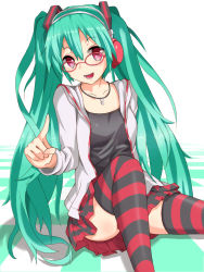 Rule 34 | 1girl, glasses, green hair, hatsune miku, hazuki akaoto, headphones, headset, hood, hoodie, kocchi muite baby (vocaloid), long hair, project diva, project diva (series), project diva 2nd, red eyes, sitting, solo, striped clothes, striped thighhighs, thighhighs, twintails, vocaloid