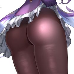 Rule 34 | 1girl, ass, ass focus, black pantyhose, chinese clothes, clothes lift, deaver, dress, dress lift, frilled dress, frills, from behind, genshin impact, gloves, gold trim, highres, keqing (genshin impact), long hair, pantyhose, purple dress, purple gloves, purple hair, shiny clothes, short dress, simple background, solo, white background