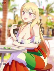 Rule 34 | 1girl, blonde hair, breasts, choker, corn, ear piercing, food, fruit, gradient hair, highres, kitagawa marin, large breasts, lemon, lemon slice, looking at viewer, mexican dress, mexico, multicolored hair, nail polish, open mouth, piercing, pink eyes, salt, solo, sono bisque doll wa koi wo suru, user zfgk3835, v