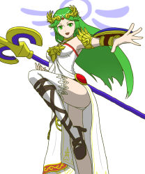 Rule 34 | 1girl, armor, bare shoulders, belt, breasts, choker, dress, green eyes, green hair, highres, jewelry, kid icarus, kid icarus uprising, leg up, legs, long hair, long legs, looking at viewer, matching hair/eyes, necklace, nintendo, o-y, palutena, panties, pantyshot, parted bangs, pendant, shield, side slit, simple background, single thighhigh, smile, solo, staff, standing, strapless, strapless dress, swept bangs, thighhighs, thighs, tiara, underwear, vambraces, very long hair, white panties, white thighhighs