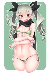 Rule 34 | 10s, 1girl, alternate costume, anchovy (girls und panzer), bare arms, bare legs, bare shoulders, bikini, black ribbon, black scarf, blush, breasts, cowboy shot, cropped legs, curvy, drill hair, female focus, flying sweatdrops, front-tie bikini top, front-tie top, girls und panzer, gluteal fold, green background, green bikini, green hair, groin, hair between eyes, hair ribbon, highres, kagami uekusa, long hair, looking at viewer, navel, red eyes, ribbon, rounded corners, scarf, shiny skin, side-tie bikini bottom, silver hair, simple background, small breasts, solo, standing, stomach, striped bikini, striped clothes, sweat, swimsuit, thong, translated, twin drills, twintails, underboob