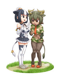 Rule 34 | 2girls, animal ears, animal print, aurochs (kemono friends), bare shoulders, bell, black eyes, black hair, bow, breast pocket, breasts, brown eyes, brown hair, camouflage, camouflage shirt, camouflage skirt, cleavage, collared shirt, commentary request, cow ears, cow girl, cow horns, cow print, cow tail, dark-skinned female, dark skin, elbow gloves, empty eyes, extra ears, frilled skirt, frills, full body, furrowed brow, gloves, grass, green hair, hair bow, hair bun, hands up, holstein friesian cattle (kemono friends), horizontal pupils, horns, kemono friends, knees together feet apart, layered sleeves, legs together, long sleeves, looking at another, looking at breasts, microskirt, midriff, multicolored hair, multiple girls, navel, necktie, open mouth, pantyhose, pocket, print gloves, print legwear, print shirt, print skirt, shirt, shoes, short over long sleeves, short sleeves, shun05q, sidelocks, single hair bun, skindentation, skirt, sleeveless, sleeveless shirt, smile, standing, stomach, tail, thighhighs, two-tone hair, v-shaped eyebrows, white hair, wing collar, zettai ryouiki