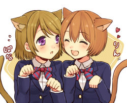 Rule 34 | 10s, 2girls, animal ears, bad id, bad pixiv id, blazer, blouse, blush, bow, bowtie, brown hair, cat ears, cat tail, clarinet (natsumi3230), extra ears, closed eyes, facing another, hoshizora rin, jacket, kemonomimi mode, koizumi hanayo, kurata rine, looking at another, love live!, love live! school idol project, multiple girls, open mouth, paw pose, purple eyes, school uniform, shirt, short hair, smile, tail