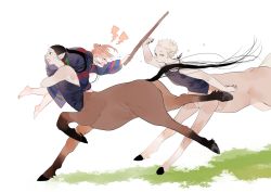 Rule 34 | 3boys, androgynous, backless outfit, barefoot, black hair, black nails, blonde hair, brown hair, carrying, carrying over shoulder, carrying person, centaur, closed eyes, crying, earrings, grass, halterneck, highres, holding, holding stick, horizontal pupils, jewelry, long hair, male focus, medium hair, monster boy, multiple boys, nail polish, nkvoop, open mouth, original, pointy ears, ponytail, running, short hair, stick, taur, tears, traditional clothes, white background, yellow eyes