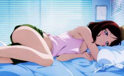 Rule 34 | 10s, 1girl, absurdres, bed, blue eyes, blush, breasts, brown hair, camisole, cleavage, detexted, highres, looking at viewer, love live!, love live! school idol festival, love live! school idol project, lying, medium breasts, murota yuuhei, nishikino maki, no bra, non-web source, official art, on bed, on side, parted lips, pillow, purple eyes, red hair, short hair, shorts, solo, tank top, thighs, third-party edit