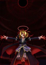 Rule 34 | &gt;:o, 1girl, :o, blonde hair, cape, chain, ex-rumia, glowing, glowing eye, halo, high collar, highres, outstretched arms, red eyes, rumia, orb, spread arms, sword, tennenmoe, touhou, v-shaped eyebrows, weapon