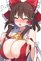 Rule 34 | 1girl, alternate breast size, ascot, bad id, bad twitter id, blush, bow, breasts, brown hair, cleavage, closed mouth, clothes pull, detached sleeves, e.o., hair bow, hair tubes, hakurei reimu, highres, huge breasts, medium hair, open mouth, pulled by self, red bow, ribbon-trimmed sleeves, ribbon trim, sidelocks, simple background, solo, sweat, touhou, upper body, white background, wide sleeves, yellow ascot