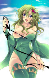 Rule 34 | 1990s (style), 1girl, bad id, bad pixiv id, blush, breasts, cameltoe, detached sleeves, final fantasy, final fantasy iv, flieger, green hair, hip focus, large breasts, leotard, nipple slip, nipples, outdoors, purple eyes, rydia (ff4), sky, solo, thighhighs, whip, wide hips
