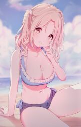 Rule 34 | 1girl, blush, breasts, cleavage, ichikawa hinana, idolmaster, idolmaster shiny colors, large breasts, looking at viewer, norada, ocean, open mouth, smile, solo, swimsuit