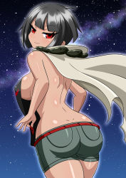 Rule 34 | 1girl, absurdres, ass, backless outfit, black hair, breasts, butt crack, closed mouth, creatures (company), dark-skinned female, dark skin, dimples of venus, game freak, highres, large breasts, looking at viewer, nintendo, pokemon, pokemon oras, red eyes, short hair, short ponytail, short shorts, shorts, sideboob, sky, smile, solo, star (sky), starry sky, yensh, zinnia (pokemon)