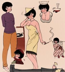 Rule 34 | 1girl, alcohol, bare shoulders, black hair, bottle, breasts, cigarette, cleavage, dress, hat, highres, jewelry, jucika, jucika (comic), large breasts, lianmilanesa, multiple views, necklace, net, nude, orange pants, pants, pearl necklace, phonograph, purple shirt, sailor hat, shirt, shoes, short hair, striped clothes, striped shirt, white footwear, wine, yellow dress