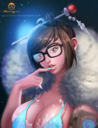 Rule 34 | 1girl, aqua nails, artist name, beads, bikini, black-framed eyewear, blue bikini, blurry, breasts, brown eyes, brown hair, cleavage, coat, cold, copyright name, depth of field, deviantart username, dress, finger to mouth, fingernails, frozen, fur-trimmed jacket, fur coat, fur trim, glasses, hair bun, hair ornament, hair stick, hairpin, hand on own face, hand up, head tilt, highres, ice, jacket, large breasts, lips, long fingernails, looking at viewer, mei (overwatch), nail polish, open clothes, open jacket, open mouth, overwatch, overwatch 1, parka, pinky out, rikamello, short hair, sidelocks, snowflake hair ornament, solo, strap gap, swept bangs, swimsuit, tank top, tongue, upper body, watermark, web address, winter clothes, winter coat