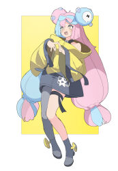 Rule 34 | 1girl, absurdres, bare shoulders, blue hair, blush, bow-shaped hair, creatures (company), game freak, grey pantyhose, grey shirt, highres, huanxiang huifeng, iono (pokemon), jacket, light blue hair, long hair, multicolored hair, nintendo, off-shoulder jacket, off shoulder, pantyhose, pink eyes, pink hair, pokemon, pokemon sv, shirt, single leg pantyhose, sleeves past fingers, sleeves past wrists, solo, tears, twintails, two-tone hair, very long hair, very long sleeves, wide sleeves, yellow background, yellow jacket