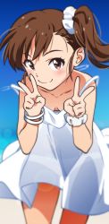 Rule 34 | 1girl, absurdres, aircraft, airplane, akizuki ritchan, blue sky, blurry, blurry background, blush, breasts, brown eyes, brown hair, cleavage, closed mouth, collarbone, cowboy shot, day, double v, dress, floating hair, futami mami, highres, idolmaster, idolmaster (classic), lens flare, long hair, looking at viewer, outdoors, scrunchie, short dress, side ponytail, sky, sleeveless, sleeveless dress, small breasts, smile, solo, standing, summer, v, white dress, white scrunchie, wrist scrunchie