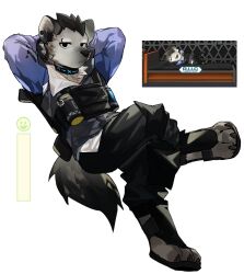 Rule 34 | 1boy, absurdres, arknights, arms behind back, black vest, blue shirt, claws, commentary, ear piercing, english commentary, eyebrow piercing, furry, furry male, highres, hyena boy, hyena ears, hyena tail, infection monitor (arknights), kitai su, looking at viewer, male focus, piercing, reclining, reference photo, shirt, sitting, spot (arknights), spot (professional) (arknights), vest, white background