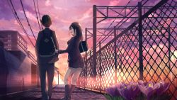 Rule 34 | 1boy, 1girl, :d, akira (mr akira), back, backpack, bag, black footwear, black hair, black pants, blazer, building, chain-link fence, cloud, crocus (flower), fence, flower, from behind, grass, hand on another&#039;s arm, hands in pockets, highres, holding another&#039;s arm, jacket, kneehighs, lens flare, loafers, long hair, long sleeves, miniskirt, open mouth, original, outdoors, pants, pleated skirt, power lines, purple flower, school bag, school uniform, shade, shadow, shoes, shoulder bag, skirt, sky, smile, socks, sunset, utility pole, utility pole (object), vocaloid, walking, wall