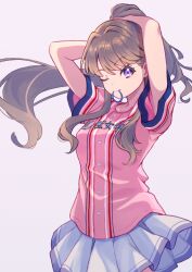 Rule 34 | 1girl, baseball jersey, brown hair, character name, closed mouth, cropped, fujishima megumi, full body, hair over shoulder, hair tie in mouth, highres, link! like! love live!, long hair, looking at viewer, love live!, macken, miniskirt, mouth hold, one eye closed, pink shirt, pleated skirt, ponytail, purple eyes, raised eyebrow, shirt, shoes, short sleeves, skirt, smile, solo, swept bangs, tying hair, white background, white skirt