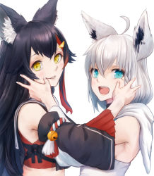 Rule 34 | 2girls, absurdres, ahoge, animal ears, black hair, black shirt, braid, commentary request, crop top, detached sleeves, earrings, fox ears, fox girl, green eyes, hair between eyes, hair ornament, hairclip, hand on another&#039;s cheek, hand on another&#039;s face, highres, hololive, hood, hoodie, jewelry, long hair, looking at viewer, multicolored hair, multiple girls, ookami mio, ookami mio (1st costume), open mouth, red hair, shirakami fubuki, shirakami fubuki (1st costume), shirt, sidelocks, simple background, single braid, smile, streaked hair, virtual youtuber, white background, white hair, white hoodie, wolf ears, wolf girl, yellow eyes, zenzi