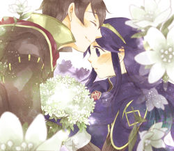 Rule 34 | 1boy, 1girl, blue eyes, blue gloves, blue hair, blurry, bouquet, brown hair, cape, closed eyes, colored eyelashes, couple, depth of field, fire emblem, fire emblem awakening, flower, gloves, height difference, hetero, holding, hood, hooded jacket, isa (chiyo-s), jacket, kiss, kissing forehead, long hair, long sleeves, lucina (fire emblem), morgan (fire emblem), morgan (male) (fire emblem), nintendo, profile, smile, striped, tiara, vertical stripes, white background