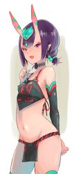 Rule 34 | 1girl, bare shoulders, chinese clothes, choker, commentary request, dudou, eyebrows, fangs, fate/grand order, fate (series), highres, horns, looking at viewer, nakazaki mei, navel, oni, open mouth, pointy ears, purple eyes, purple hair, shiny skin, short hair, shuten douji (fate), shuten douji (fate/grand order), shuten douji (halloween caster) (fate), skin-covered horns, smile, solo, standing