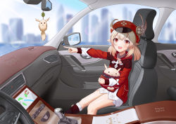 Rule 34 | 1girl, :d, ahoge, bloomers, blurry, boots, brown footwear, brown gloves, brown scarf, building, cabbie hat, car, car interior, car seat, chibi, clover print, coat, commentary request, dashboard, depth of field, dodoco (genshin impact), genshin impact, gloves, gps, hair between eyes, hat, highres, holy guagua, hugging doll, hugging object, jumpy dumpty, klee (genshin impact), light brown hair, long hair, long sleeves, looking at viewer, low twintails, mirror, motor vehicle, open mouth, orange eyes, pocket, pointing, pointing to the side, red coat, red hat, scarf, sidelocks, sitting, skyline, skyscraper, smile, solo, stuffed animal, stuffed toy, thigh boots, thighhighs, twintails, underwear