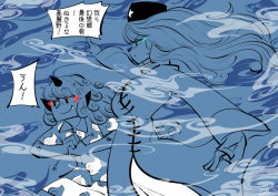 Rule 34 | 2girls, anger vein, artist name, blue background, blue theme, carte, chinese clothes, clenched hand, closed mouth, cloud print, commentary, cracking knuckles, curly hair, dress, fang, fist in hand, fog, hair blowing, hat, hong meiling, horns, kariyushi shirt, komano aunn, long hair, long sleeves, monochrome, multiple girls, outstretched arms, pointy ears, print shirt, print shorts, shirt, short sleeves, shorts, signature, simple background, single horn, smile, solid oval eyes, spot color, star (symbol), touhou, translated, upper body, white shorts, wind, wing collar