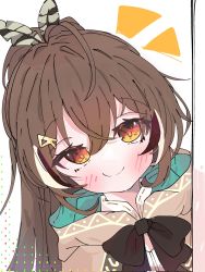 Rule 34 | 1girl, ahoge, blush, brown capelet, brown cloak, brown eyes, brown hair, capelet, cloak, dotted line, feather hair ornament, feathers, hair ornament, hairclip, highres, hololive, hololive english, koyoinacho, long hair, looking at viewer, multicolored hair, nanashi mumei, notice lines, ponytail, ribbon, shirt, smile, streaked hair, very long hair, virtual youtuber, white shirt