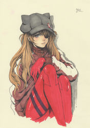Rule 34 | 1girl, ass, blue eyes, bodysuit, bodysuit under clothes, brown hair, evangelion: 3.0 you can (not) redo, eyepatch, fetal position, hat, highres, jacket, lips, long hair, looking at viewer, marker (medium), neon genesis evangelion, plugsuit, rebuild of evangelion, red bodysuit, shiny clothes, simple background, solo, souryuu asuka langley, traditional media, very long hair