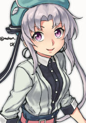 Rule 34 | 1girl, akitsushima (kancolle), alternate costume, beret, blue hat, grey hair, hat, highres, jacket, kantai collection, long hair, long sleeves, looking at viewer, maakun (makun dx), one-hour drawing challenge, open mouth, purple eyes, smile, solo, twitter username, white jacket
