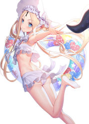 Rule 34 | 1girl, :t, abigail williams (fate), abigail williams (swimsuit), abigail williams (swimsuit foreigner) (fate), abigail williams (swimsuit foreigner) (third ascension) (fate), ass, bare arms, bare legs, bare shoulders, barefoot, bikini, blonde hair, blue eyes, bonnet, bow, commentary request, fate/grand order, fate (series), hair bow, highres, innertube, keyhole, long hair, looking at viewer, looking to the side, outstretched arm, parted bangs, ririko (zhuoyandesailaer), simple background, smile, soles, solo, standing, standing on one leg, striped, striped bow, suction cups, swim ring, swimsuit, tentacles, twisted torso, very long hair, white background, white bikini, white bow, white headwear