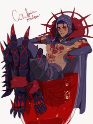 Rule 34 | 1boy, 2f sq, abs, bare pectorals, blue hair, bodypaint, bubble, cape, character name, claws, crossed legs, cu chulainn (fate), cu chulainn (fate) (all), cu chulainn (fate/stay night), cu chulainn alter (fate), cu chulainn alter (fate/grand order), cu chulainn alter (third ascension) (fate), cup, dark persona, detached hood, drinking glass, elbow gloves, fate/grand order, fate (series), full body, fur, gloves, grin, hood, hood up, lancer, legs up, liquid, long hair, looking at viewer, male focus, monster boy, muscular, pants, partially submerged, pectorals, ponytail, red eyes, simple background, skin tight, smile, solo, spikes, tail, tan, topless male, type-moon, white background, wine glass