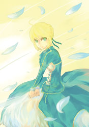 Rule 34 | 1girl, ahoge, artoria pendragon (fate), blonde hair, dress, fate/stay night, fate (series), gbaspgbc, green eyes, hair ribbon, invisible air (fate), petals, ribbon, saber (fate), solo, sword, weapon