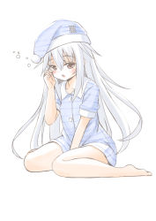 Rule 34 | 10s, 1girl, barefoot, collarbone, fujishima shinnosuke, full body, hair between eyes, hibiki (kancolle), hood, kantai collection, long hair, open mouth, shirt, silver hair, simple background, sitting, solo, striped clothes, striped shirt, very long hair, white background