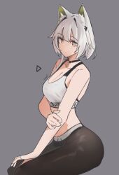 Rule 34 | 1girl, alternate costume, animal ear fluff, animal ears, arknights, bare arms, bare shoulders, black choker, black pants, bra, breasts, cat ears, cat girl, choker, cleavage, closed mouth, commentary, english commentary, expressionless, grey background, grey hair, highres, kal&#039;tsit (arknights), looking at viewer, medium breasts, midriff, nuggetkouhai, pants, sidelocks, simple background, solo, sports bra, underwear, white bra